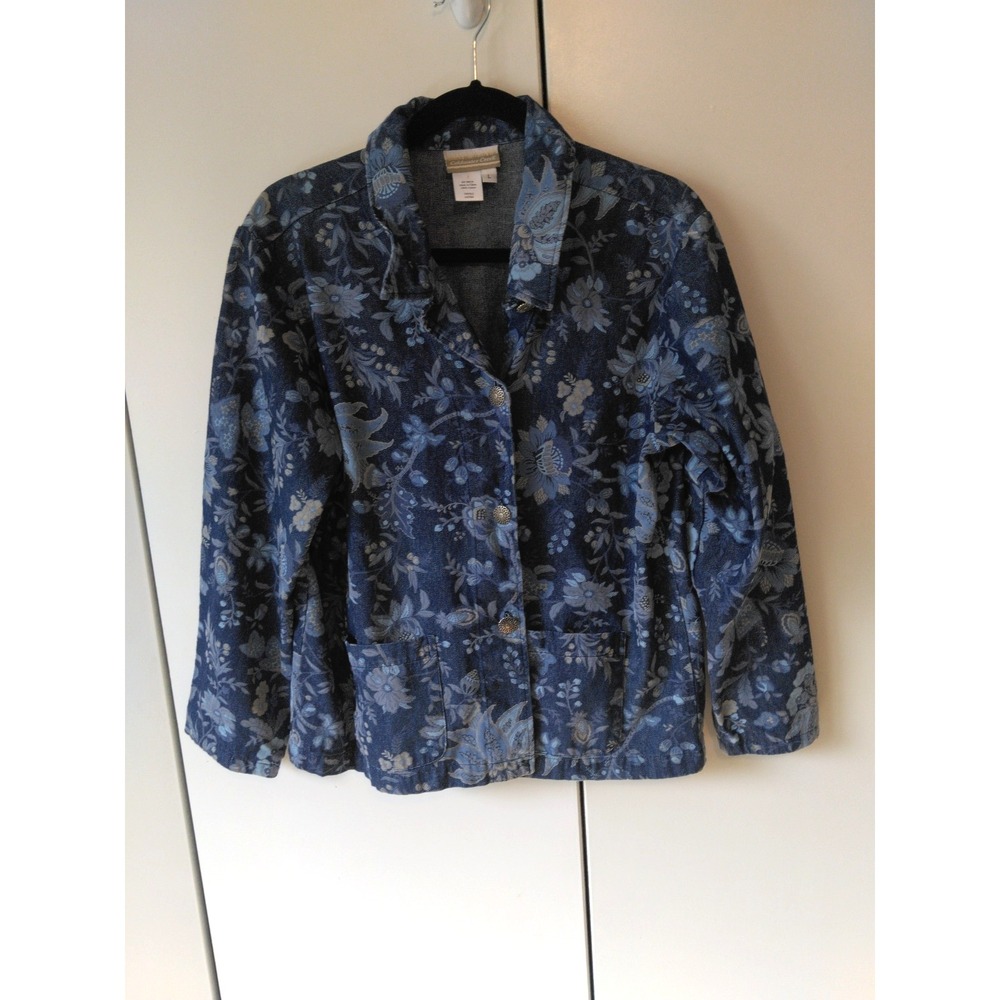 Coldwater Creek Womens Floral Denim Jacket Size L Feminine Cottage Boho Artsy